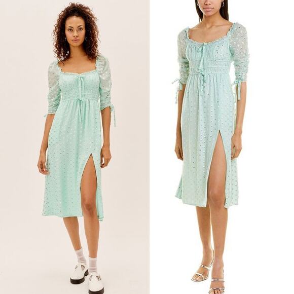 FOR LOVE & LEMONS NWT Eden Silk Metallic Hearts Midi Dress Mint Silver Size S - Picture 1 of 13